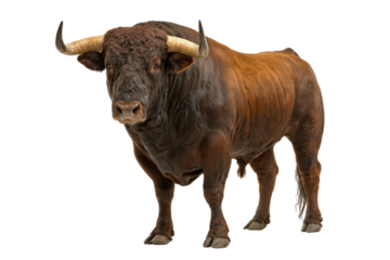 A powerful, brown and dark-furred bull with large horns stands majestically, facing forward against a transparent background. Majestic, robust, and formidable. background removed
