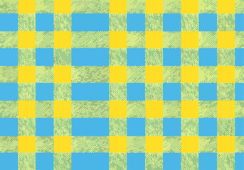 Abstract plaid pattern, vibrant blue and yellow squares, distressed gingham texture, retro geometric design, vintage checkered background, digital art, contemporary abstract illustration
