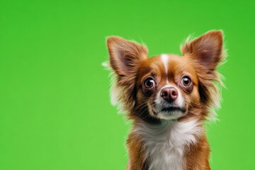 Funny dog isolated on a green screen. Chihuahua looking at camera on green background. Animal backdrop. Fashion Pet on chroma key. Playful friendly dog with mouth open and wagging his tail. Animation
