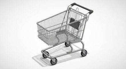 Metal shopping cart angled in perspective, casting a distinct shadow on white backdrop