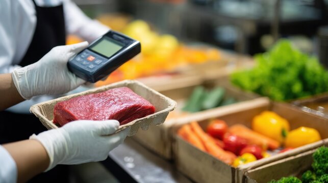 Person scanning packaged fresh raw meat with handheld device in a grocery store or market setting - Powered by Adobe