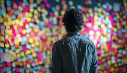 Obraz premium Person standing in front of a wall covered with colorful sticky notes used for brainstorming and planning tasks
