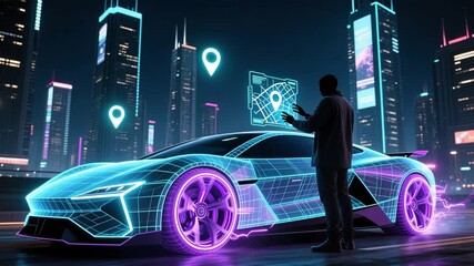 A futuristic night city with holographic car and glowing map interface, lifecycle of transport assets and transportation asset management - Powered by Adobe