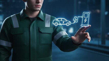 A futuristic worker in green jacket with holographic ev charging icons, electric charging depot and transportation asset management - Powered by Adobe