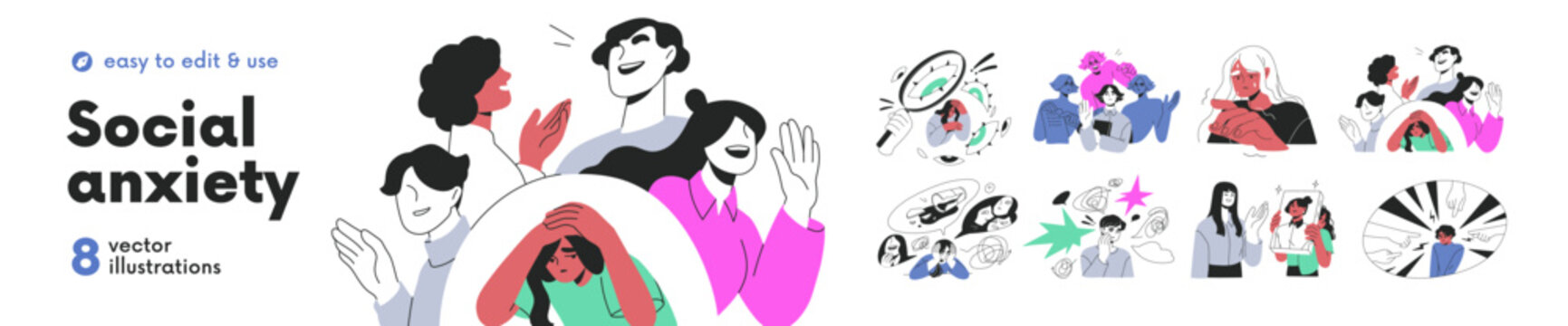 Social anxiety disorder, psychology concept set. Shy anxious people with fear, society phobia, communication, criticism. Uncomfortable feelings. Flat vector illustration isolated on white background