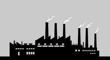 Fototapeta premium A silhouette of a multi-stack industrial complex releases white smoke against a grey sky. The building structure is stark black
