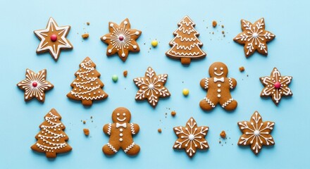 Assortment of festive gingerbread cookies with intricate white icing designs and colorful sprinkles on a light blue background