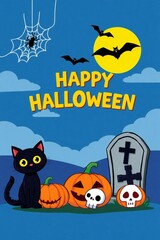 Happy halloween illustration with black cat pumpkins and tombstone