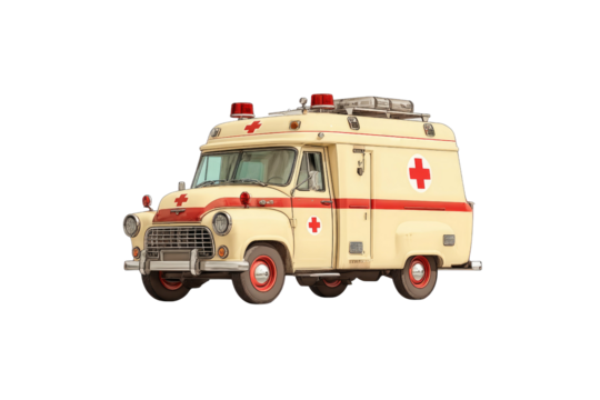 A vintage cream-colored ambulance with red stripes and prominent Red Cross symbols, featuring classic emergency lights, presented on a transparent background. background removed