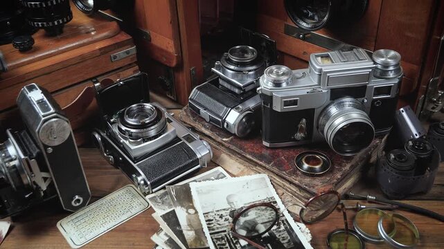 Old cameras in a composition on a wooden background, slowly moving in a horizontal plane.