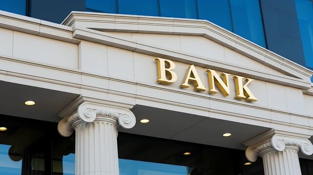 Bank Building Exterior with Classic Architecture and Golden Signage.