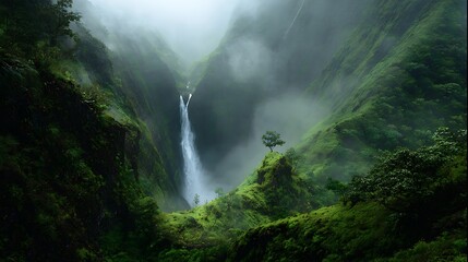A remote waterfall plunging into a misty canyon with lush vegetation clinging to vertical cliffs