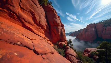 Majestic Red Rock Canyon Landscape with Morning Mist
