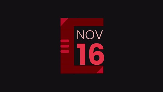16th November calendar icon animation. Alpha matte with transparent background 4K resolution.