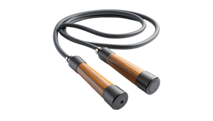 Close-up of a skipping rope with wooden handles on a black background