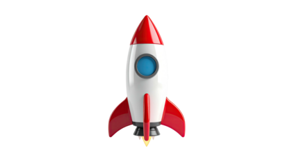 Cartoon-like rocket ship on a black background, flames escaping