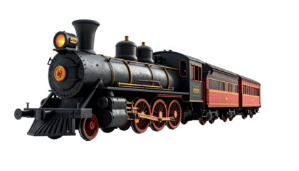 Vintage steam train with red/brown passenger cars on black background
