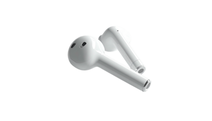 A pair of white wireless earbuds on a black background, angled close-up