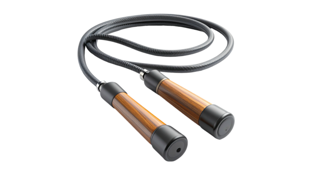 Close-up of a skipping rope with wooden handles on a black background