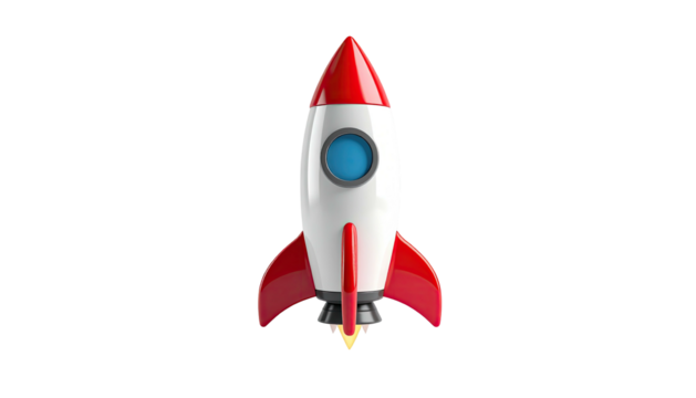 Cartoon-like rocket ship on a black background, flames escaping - Powered by Adobe