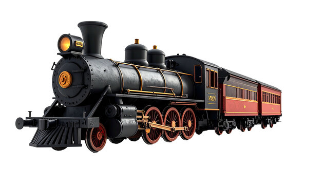 Vintage steam train with red/brown passenger cars on black background