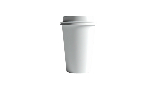 White paper cup with a lid on a black background. Studio lighting