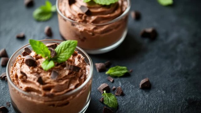 Creamy chocolate mousse garnished with fresh mint and chunks