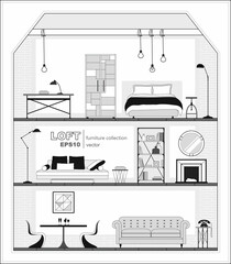 Set of apartment interiors with furniture icons, black and white. Detailed interior with living room, bedroom, and hall in loft flat style, front view.