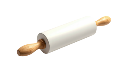 A 3D-rendered, minimalist rolling pin with wooden handles and white roller