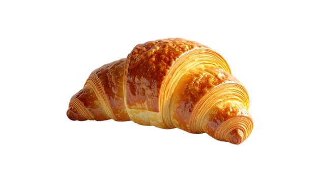 A golden, flaky, buttery croissant on a transparent background, showcasing details