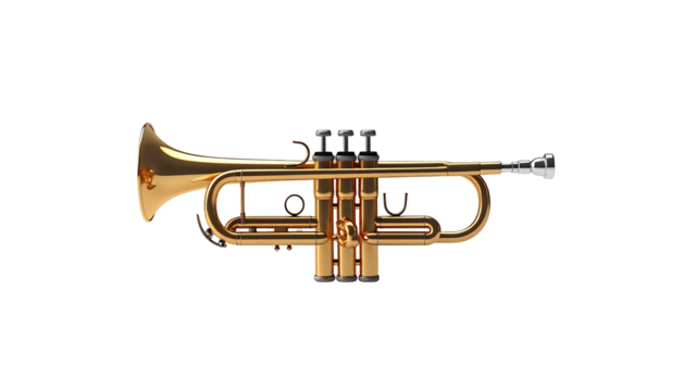 Gleaming gold-brass wind instrument, black background. Trumpet in pristine condition