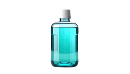 A translucent bottle containing bright blue liquid against a black background