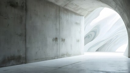 Abstract Concrete Corridor Leading to Marble Swirl Room
