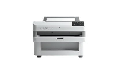 Modern white office printer, front view, paper in tray, isolated on black