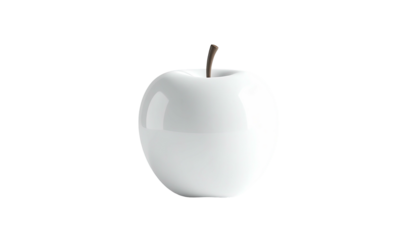 Glossy white apple with brown stem floats against a stark black background