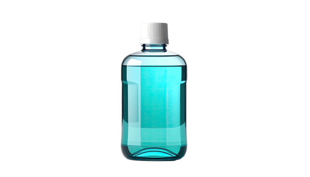 A translucent bottle containing bright blue liquid against a black background