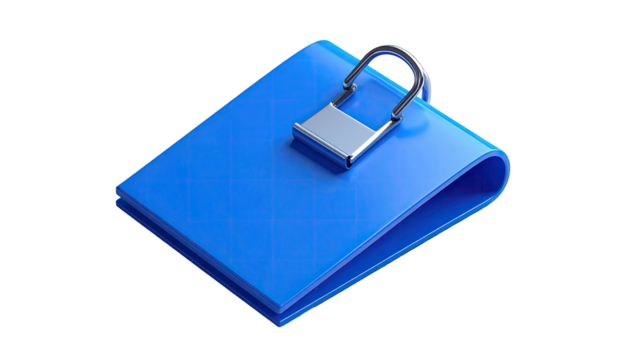 Isometric view of a closed blue wallet with a silver lock on a black background