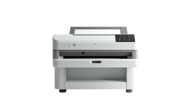 Modern white office printer, front view, paper in tray, isolated on black