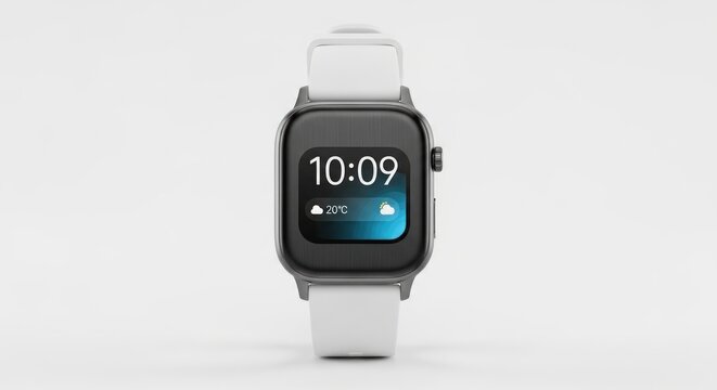 Modern smartwatch with white band, displaying time and weather on a dark screen