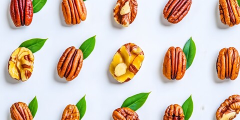Pecan nuts flat lay pattern with green leaves on white background studio shot