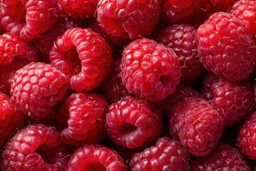 Sweet raspberry background. Full frame of fresh raspberries. Red ripe berry wallpaper closeup. Juicy berries. Vegetarian, vegan raw food. Organic bio product. From farm to table. Red Fruit pattern