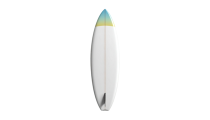 Top-down view of a sleek white surfboard with a gradient colored tip on black background