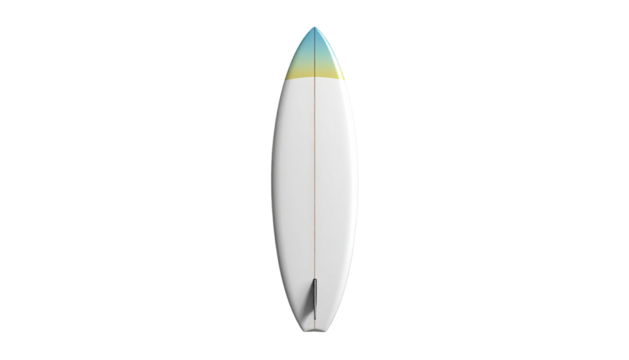 Top-down view of a sleek white surfboard with a gradient colored tip on black background