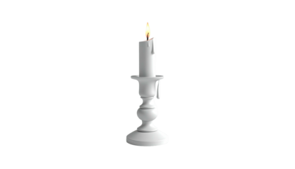 Isolated white candle on a matching candlestick with a lit yellow flame
