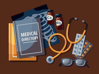 Composition with Image Diagnostic Healthcare Tool. Medical Stethoscope, Chest X Ray, pills, textbooks and glasses on table. Top view.