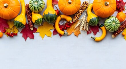 Top view of a colorful assortment of pumpkins gourds and autumn leaves arranged on a light surface