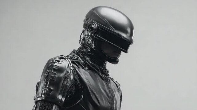 Close-up of a futuristic black cyborg in helmet and armor, realistic style, isolated on gray background, concept of advanced robotics and AI