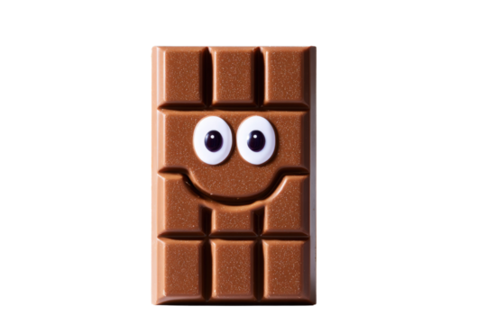 A cheerful milk chocolate bar with googly eyes and a carved smile against a dark background, embodying sweet delight and happiness. background removed