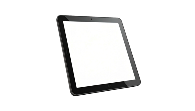 Angled black tablet with blank white screen, isolated on a stark black background
