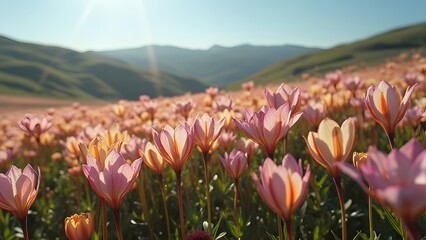 Vibrant Pink and Orange Flowers Field Landscape Mountain Background